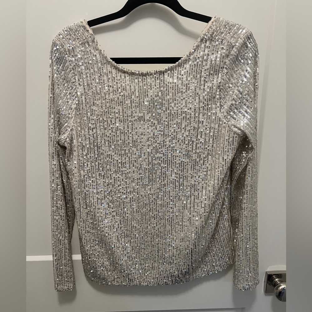 Halogen Silver Sequin Blouse with Long Sleeves